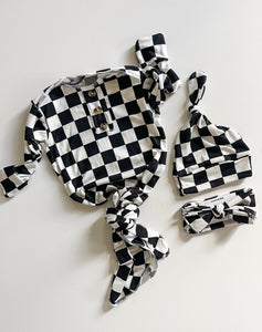 Black and white checkered knotted gown