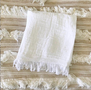 Organic Muslin Swaddle | White Fringe